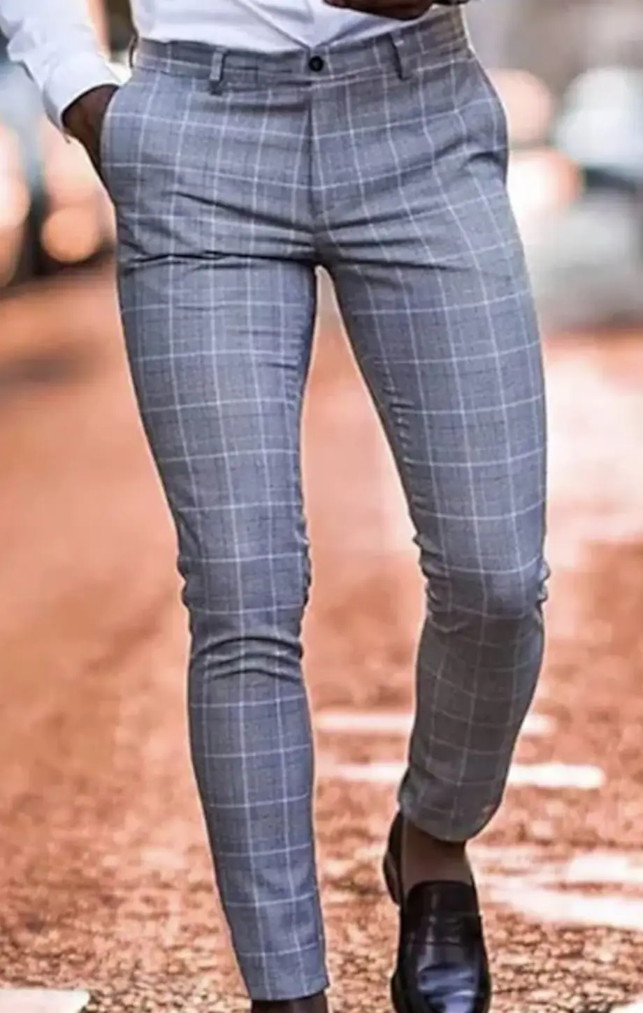 Men's Grey Striped Slim Fit Pencil Pants Mid Waist Casual Wear — feature 34