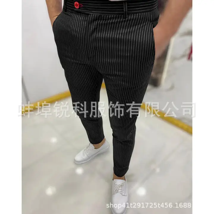 Men's Grey Striped Slim Fit Pencil Pants Mid Waist Casual Wear — feature 35