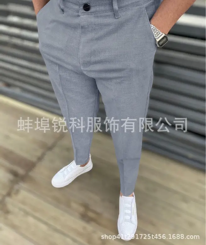 Men's Grey Striped Slim Fit Pencil Pants Mid Waist Casual Wear — feature 37