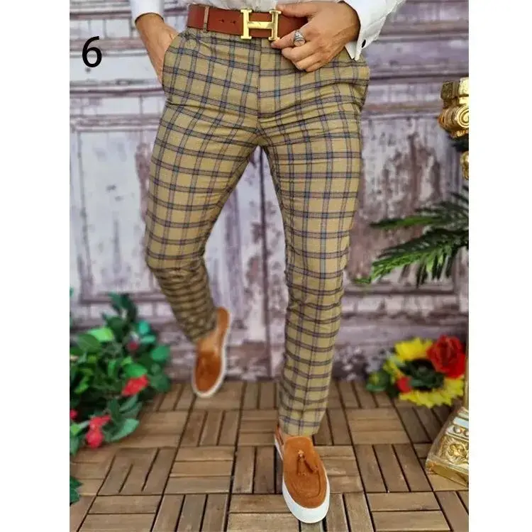 Men's Grey Striped Slim Fit Pencil Pants Mid Waist Casual Wear - Image 55