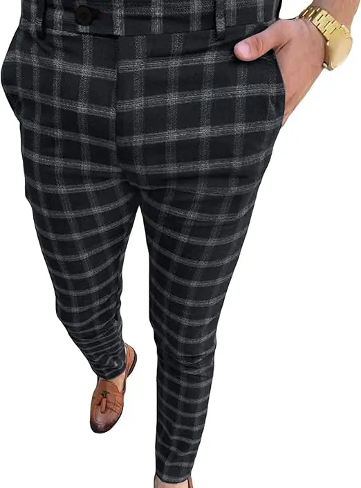 Men's Grey Striped Slim Fit Pencil Pants Mid Waist Casual Wear - Image 57
