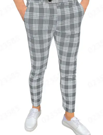 Men's Grey Striped Slim Fit Pencil Pants Mid Waist Casual Wear - Image 58