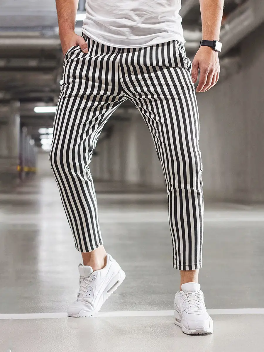 Men's Grey Striped Slim Fit Pencil Pants Mid Waist Casual Wear — feature 12