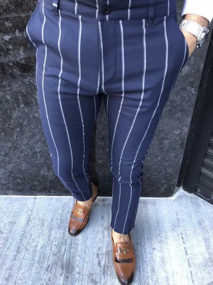 Men's Grey Striped Slim Fit Pencil Pants Mid Waist Casual Wear — feature 14