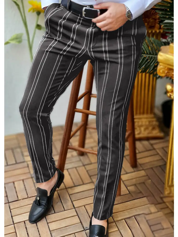 Men's Grey Striped Slim Fit Pencil Pants Mid Waist Casual Wear — feature 15