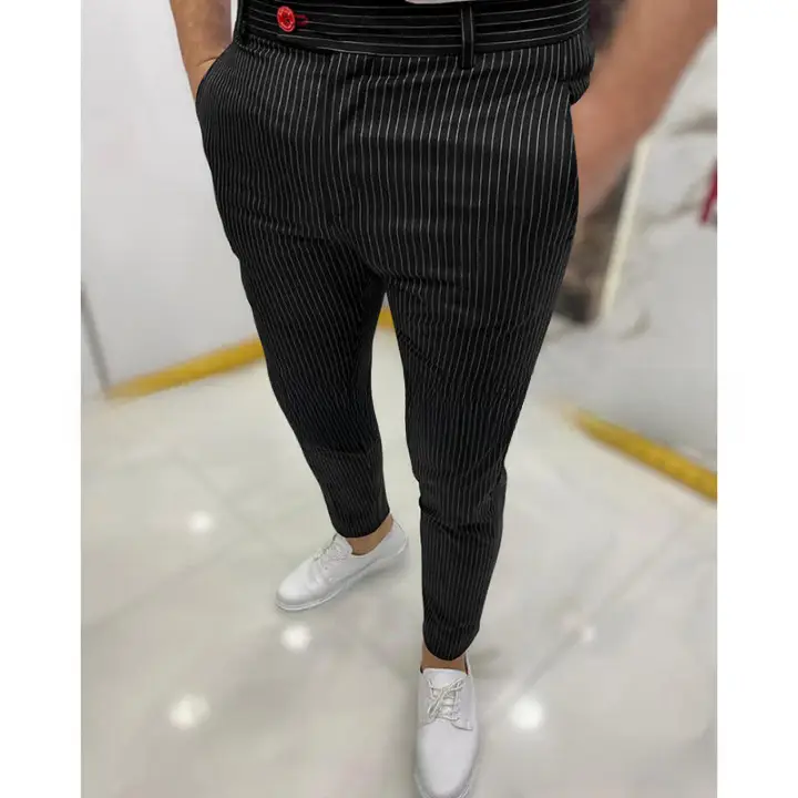 Men's Grey Striped Slim Fit Pencil Pants Mid Waist Casual Wear - Image 25