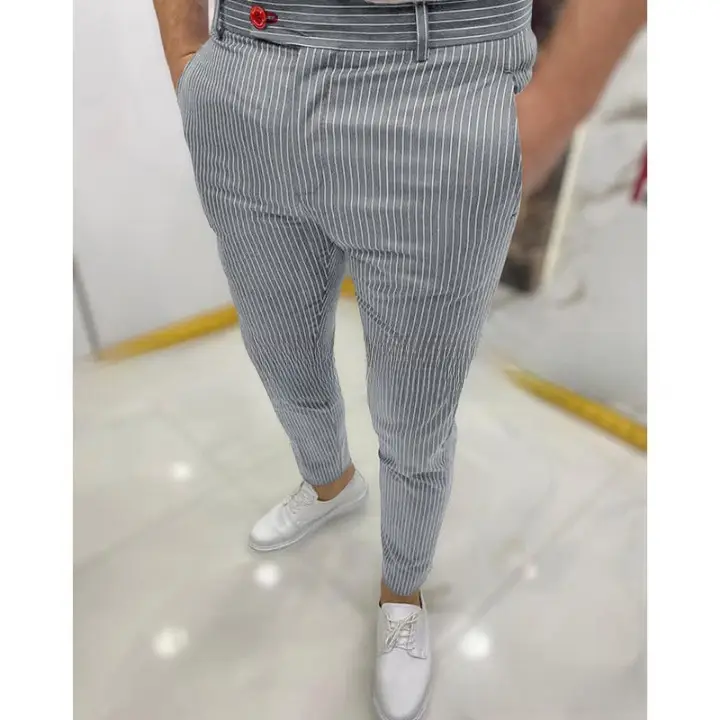 Men's Grey Striped Slim Fit Pencil Pants Mid Waist Casual Wear - Image 28