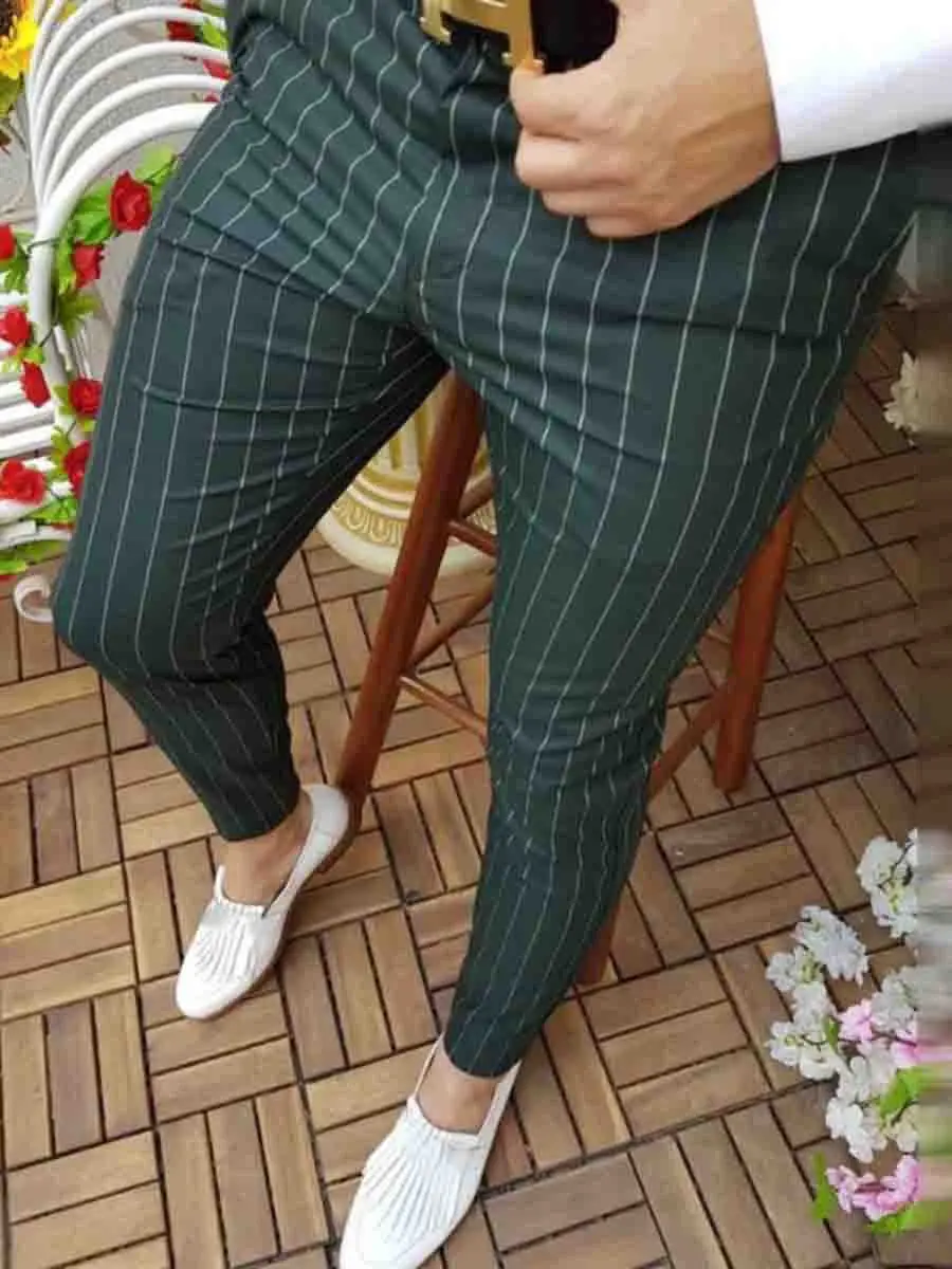 Men's Grey Striped Slim Fit Pencil Pants Mid Waist Casual Wear - Image 3