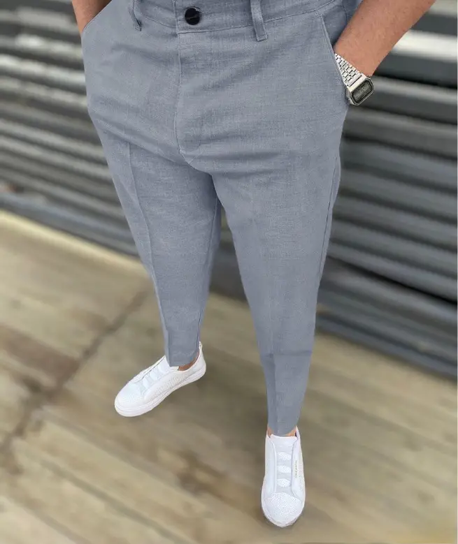 Men's Grey Striped Slim Fit Pencil Pants Mid Waist Casual Wear - Image 33