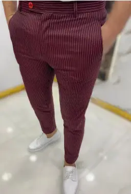 Men's Grey Striped Slim Fit Pencil Pants Mid Waist Casual Wear - Image 36