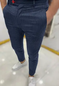 Men's Grey Striped Slim Fit Pencil Pants Mid Waist Casual Wear - Image 44