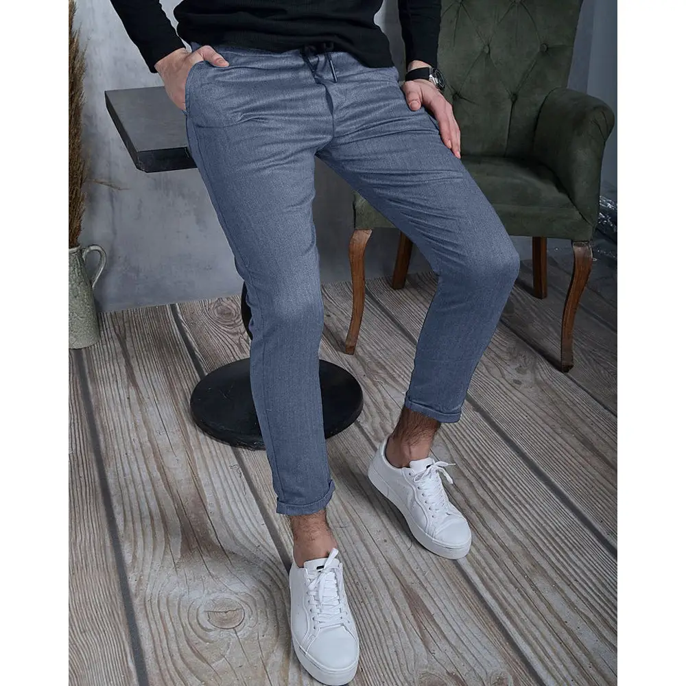 Men's Grey Striped Slim Fit Pencil Pants Mid Waist Casual Wear - Image 54