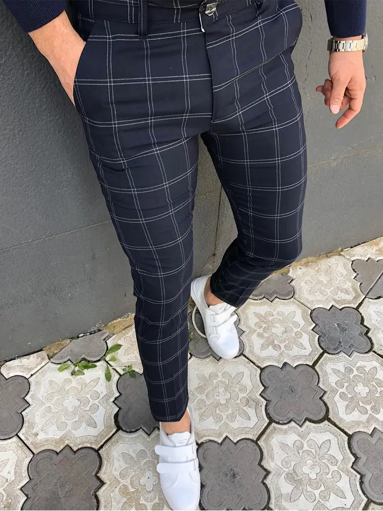 Men's Grey Striped Slim Fit Pencil Pants Mid Waist Casual Wear - Image 4