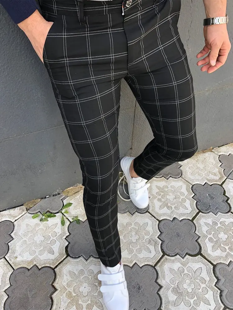 Men's Grey Striped Slim Fit Pencil Pants Mid Waist Casual Wear - Image 9