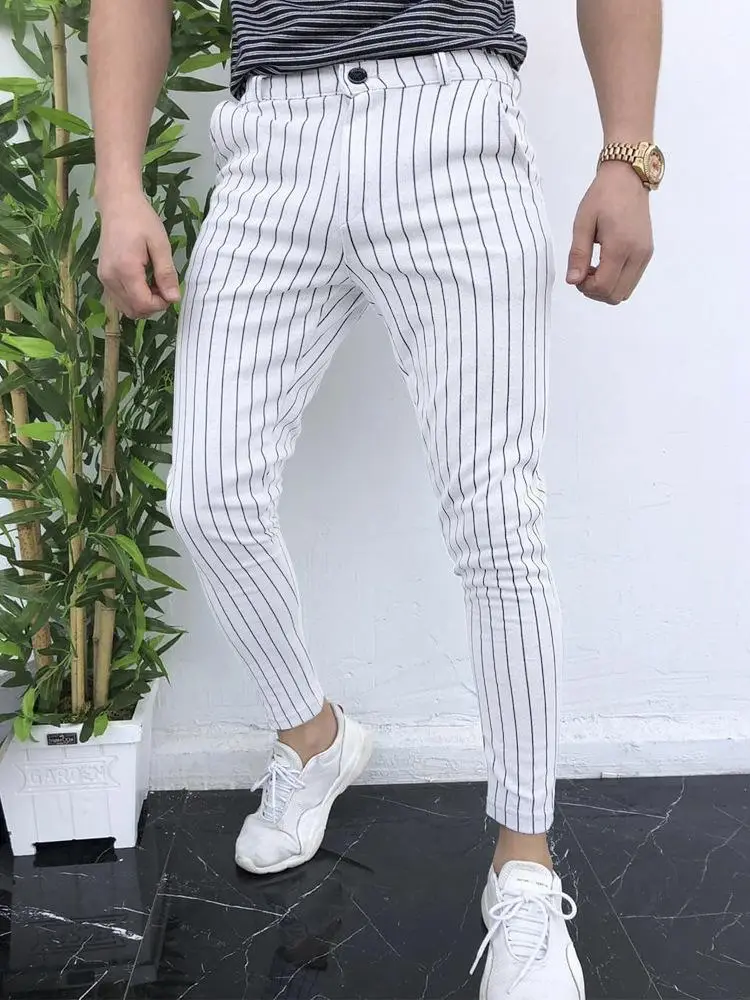 Men's Grey Striped Slim Fit Pencil Pants Mid Waist Casual Wear - Image 11