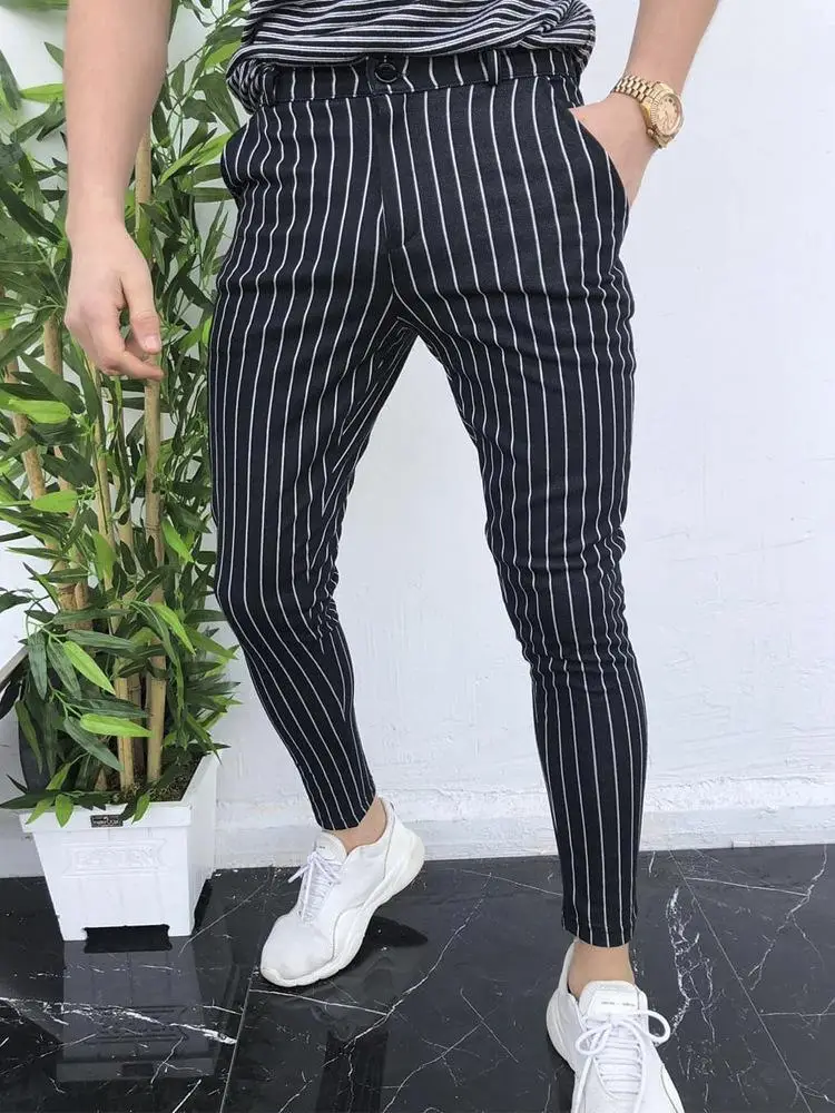 Men's Grey Striped Slim Fit Pencil Pants Mid Waist Casual Wear - Image 13