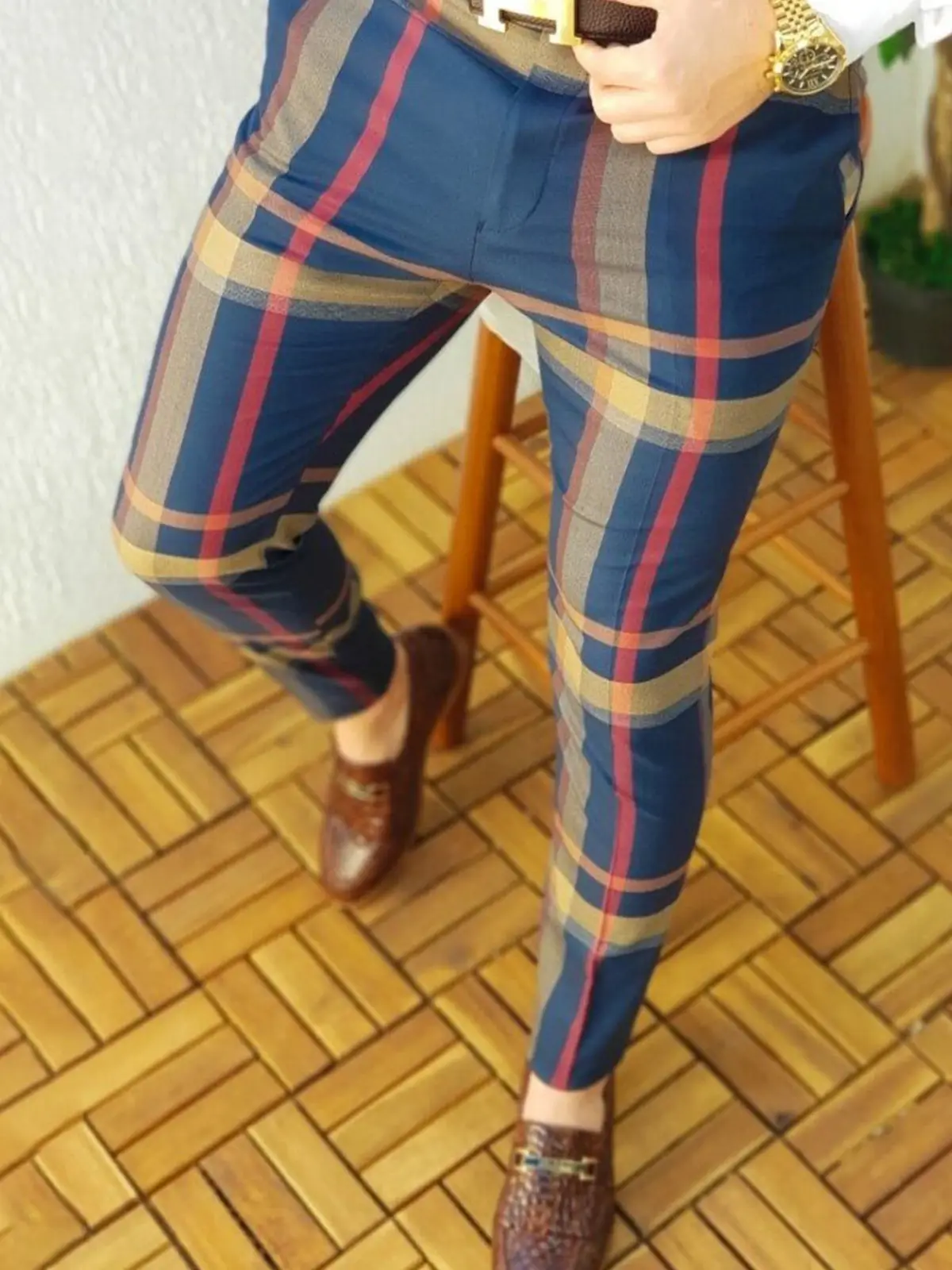 Men's Grey Striped Slim Fit Pencil Pants Mid Waist Casual Wear - Image 17