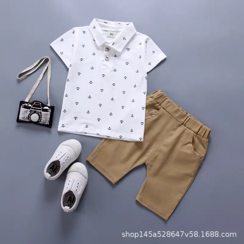 Boys Green Polo Short Sleeve Summer Suit with Tan Shorts - Image 4