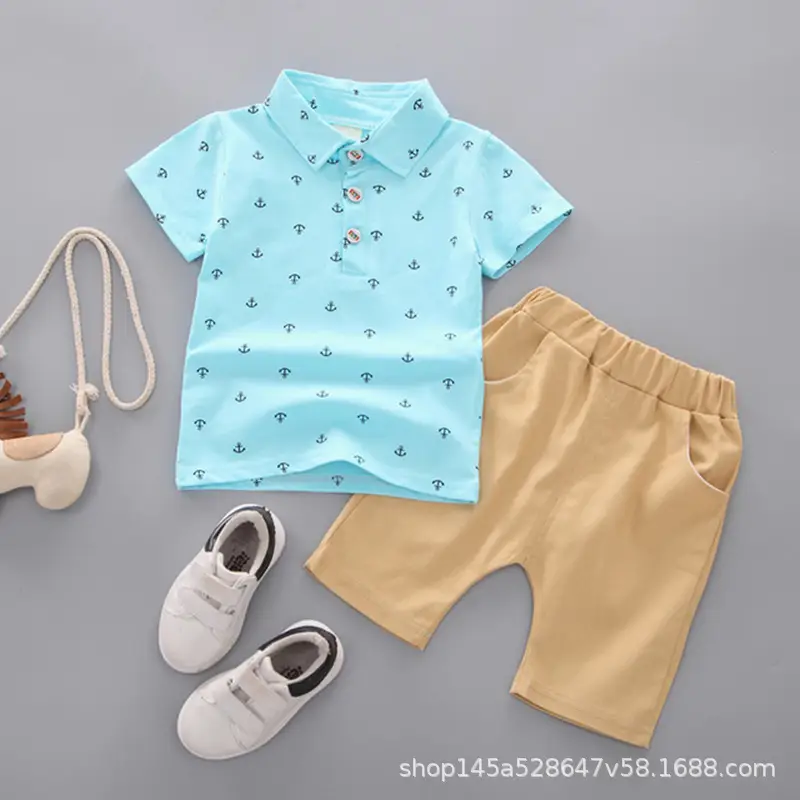 Boys Green Polo Short Sleeve Summer Suit with Tan Shorts - Image 3