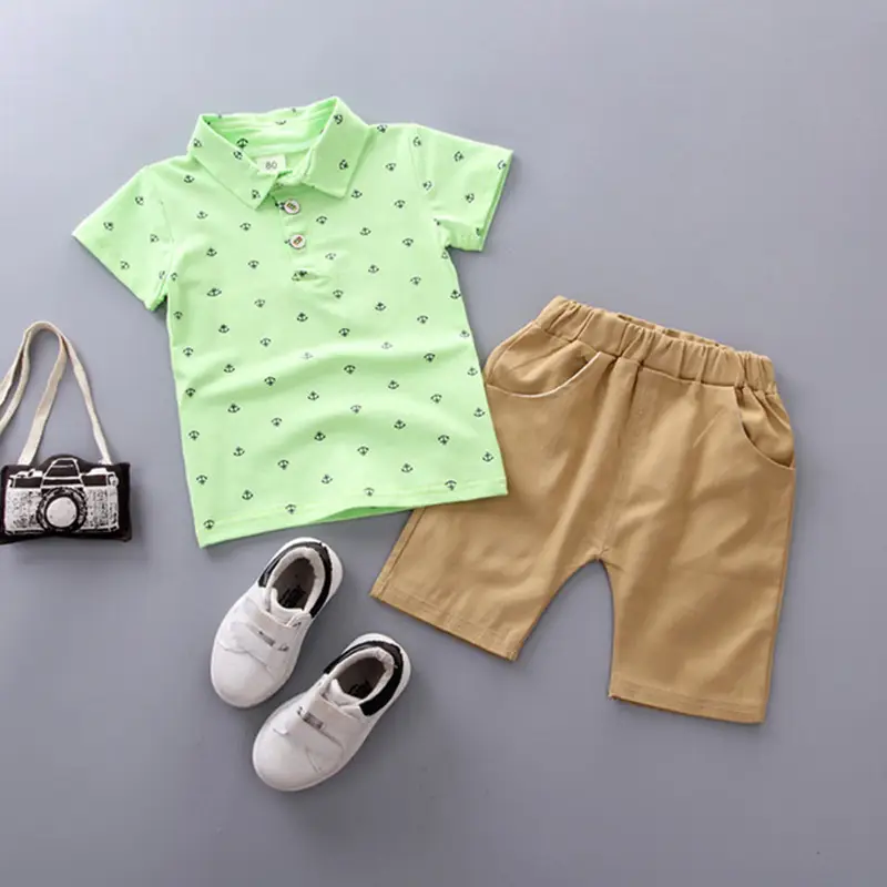 Boys Green Polo Short Sleeve Summer Suit with Tan Shorts - Image 6