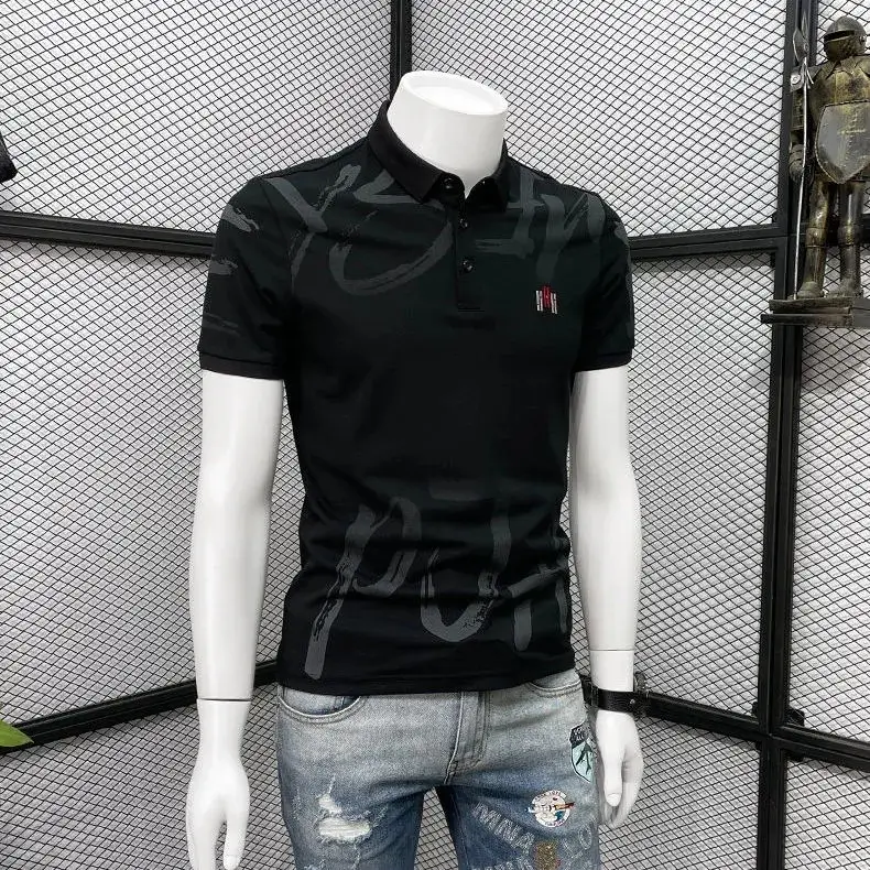 Men Black Graphic Polo T-Shirt Slim Fit Summer - Image 5