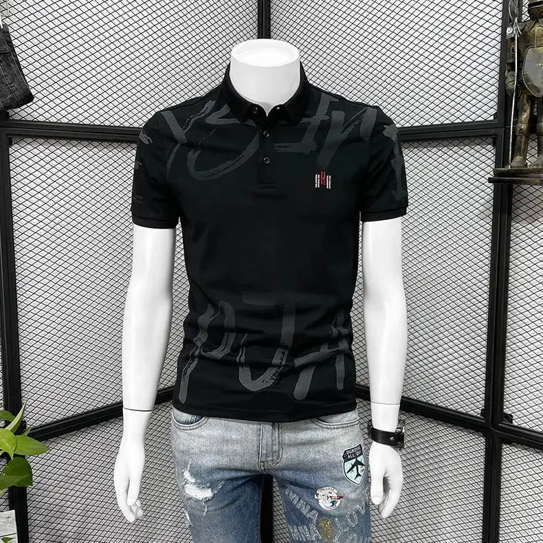 Men Black Graphic Polo T-Shirt Slim Fit Summer - Image 6