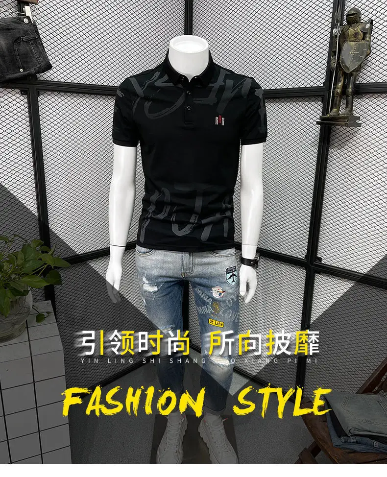 Men Black Graphic Polo T-Shirt Slim Fit Summer — feature 1