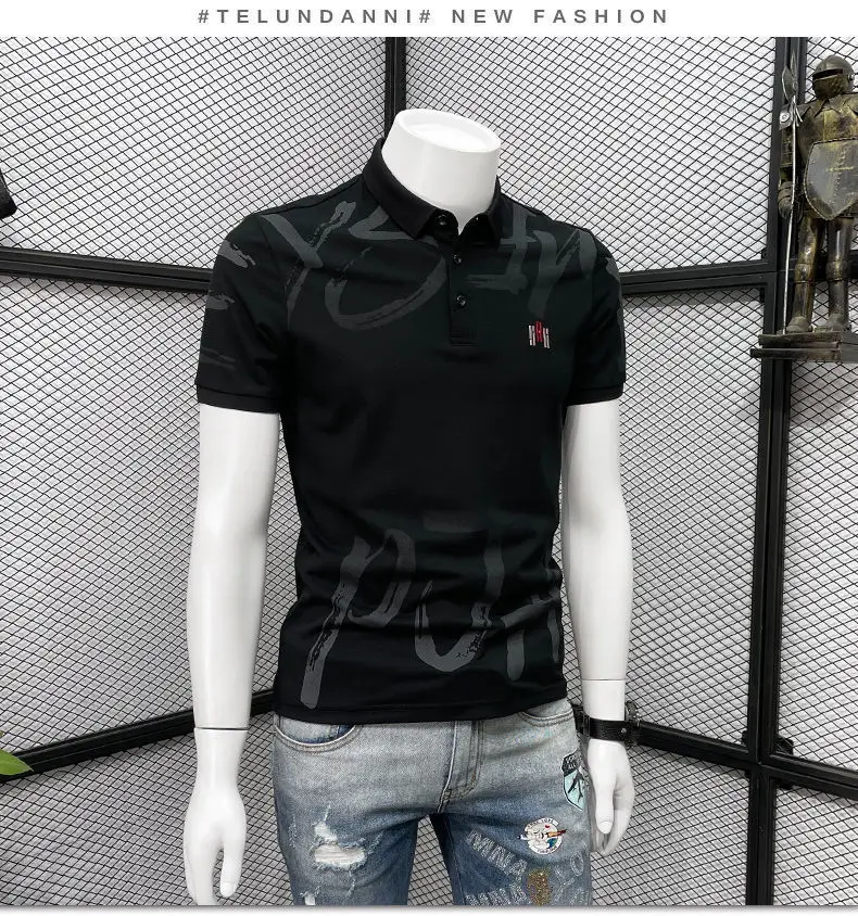 Men Black Graphic Polo T-Shirt Slim Fit Summer — feature 8