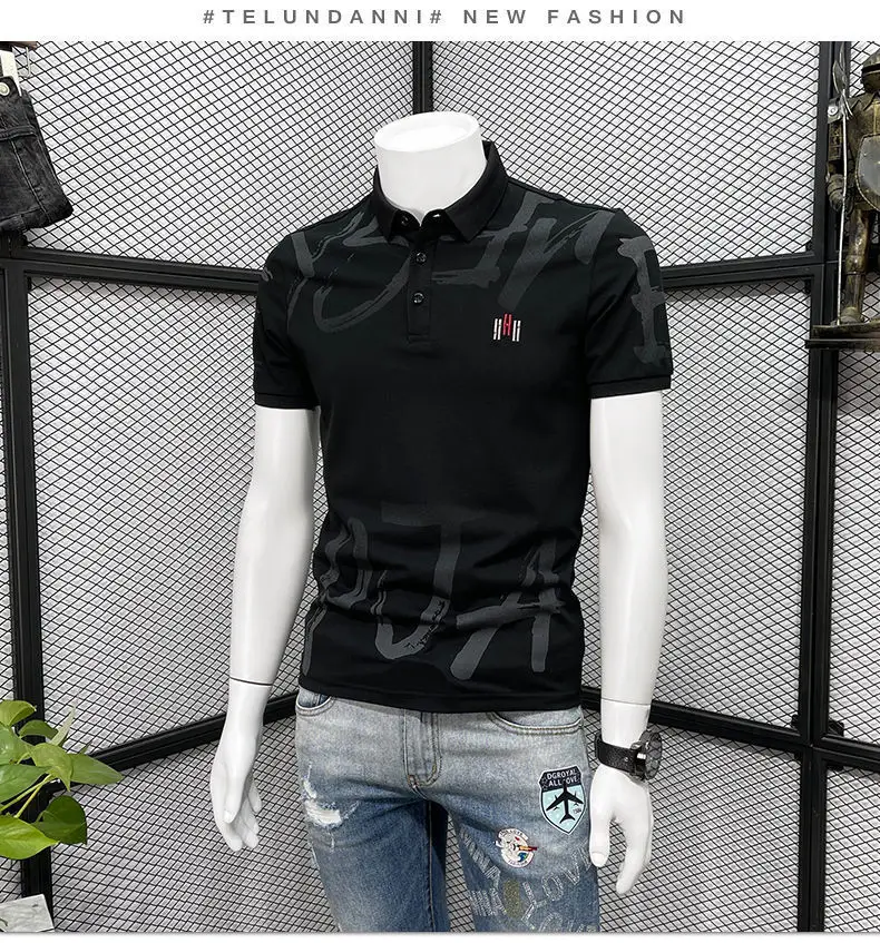 Men Black Graphic Polo T-Shirt Slim Fit Summer — feature 9