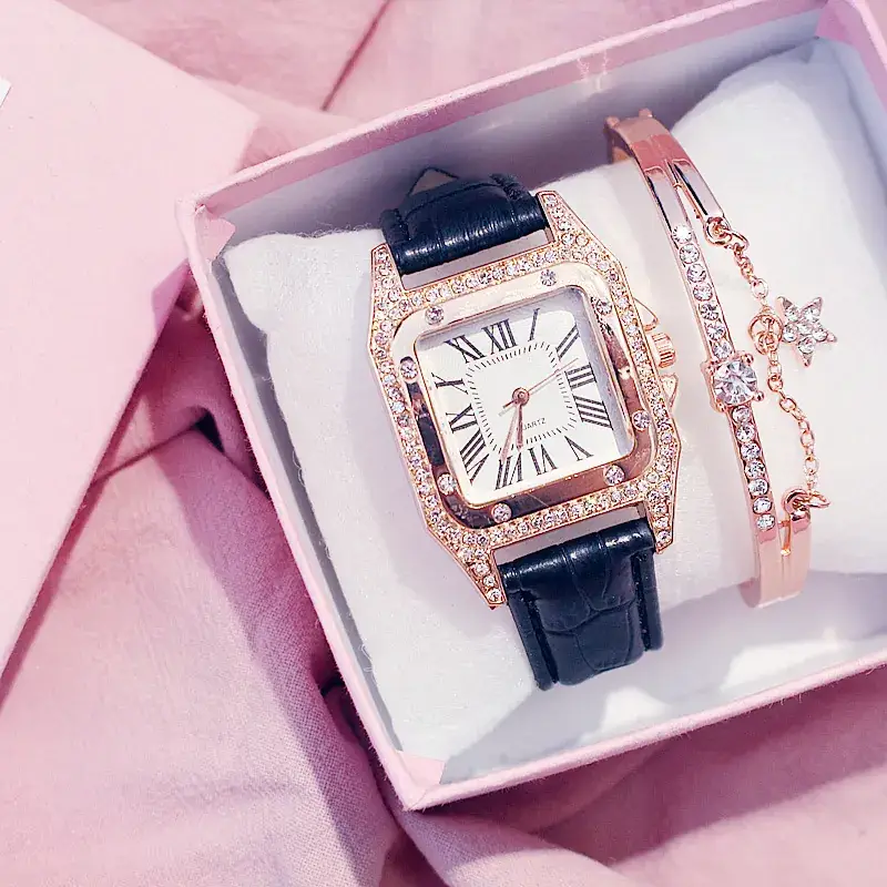 Square Women's Roman Dial Quartz Watch with Diamond Bezel - Image 14