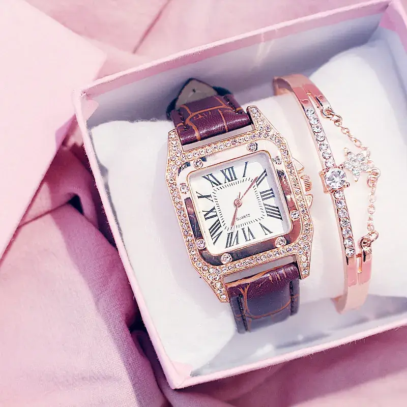Square Women's Roman Dial Quartz Watch with Diamond Bezel - Image 10