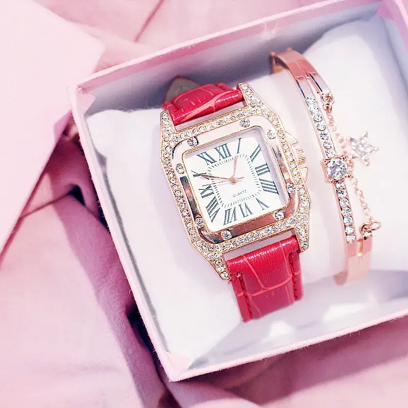 Square Women's Roman Dial Quartz Watch with Diamond Bezel - Image 7