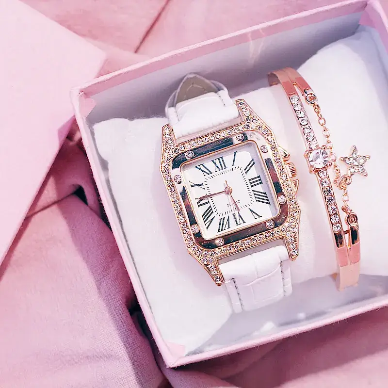 Square Women's Roman Dial Quartz Watch with Diamond Bezel - Image 6