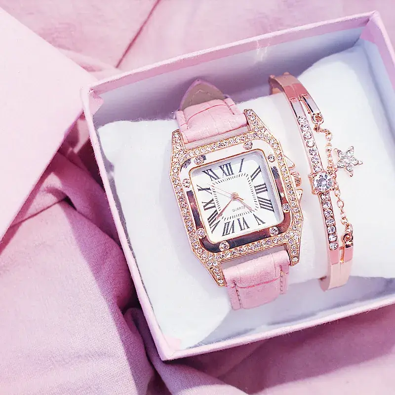 Square Women's Roman Dial Quartz Watch with Diamond Bezel - Image 9