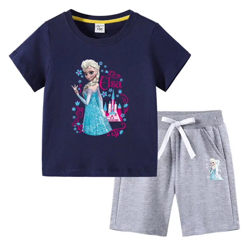 2023 Frozen Print Kids T-Shirt & Pants Set Blue Gray