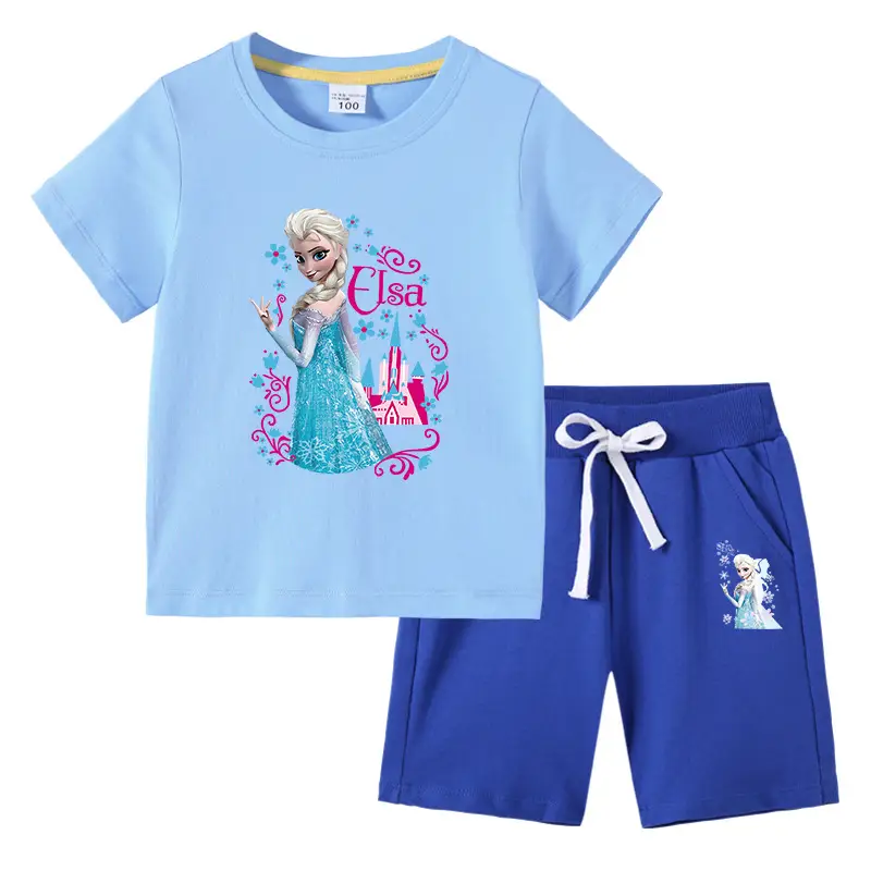 2023 Frozen Print Kids T-Shirt & Pants Set Blue Gray