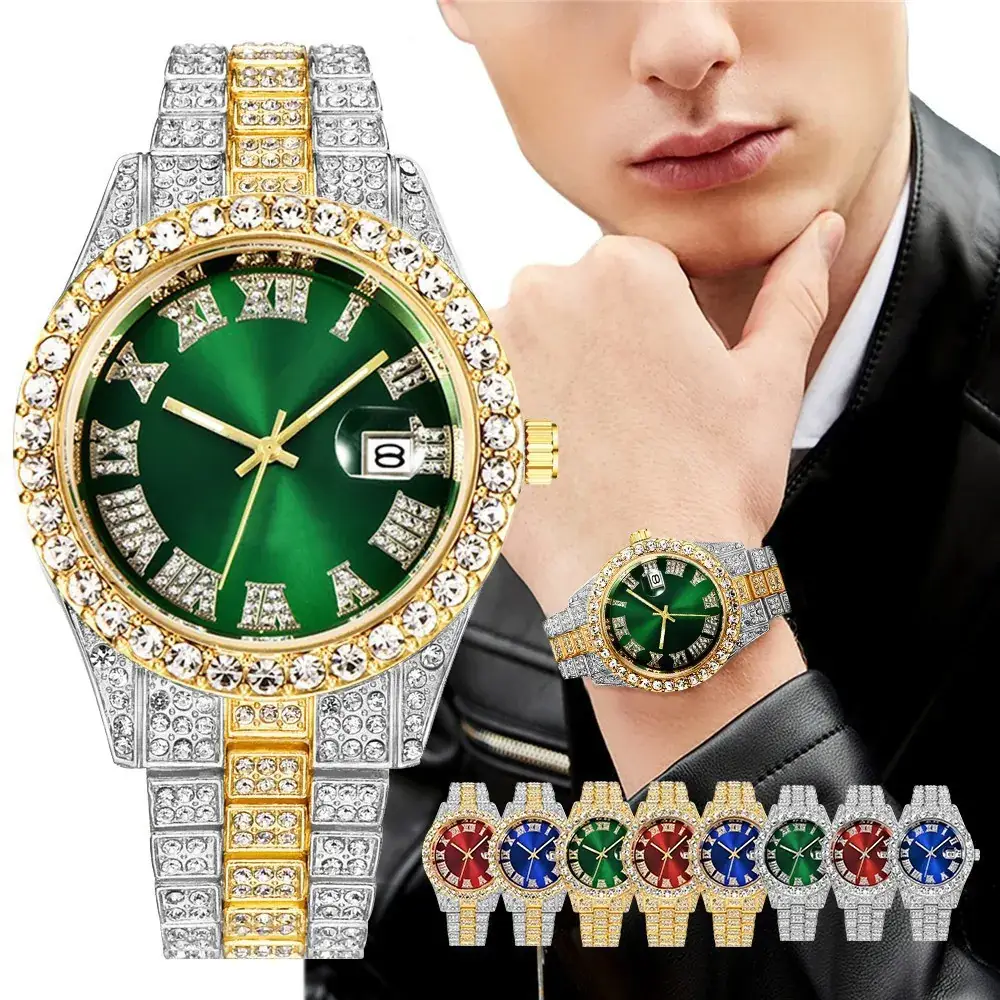 Men's Green Diamond Watch with Roman Strap & Calendar - Image 10