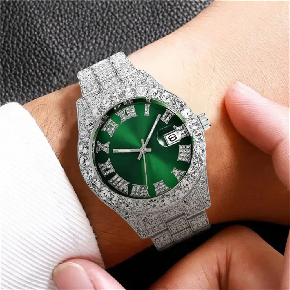 Men's Green Diamond Watch with Roman Strap & Calendar - Image 8