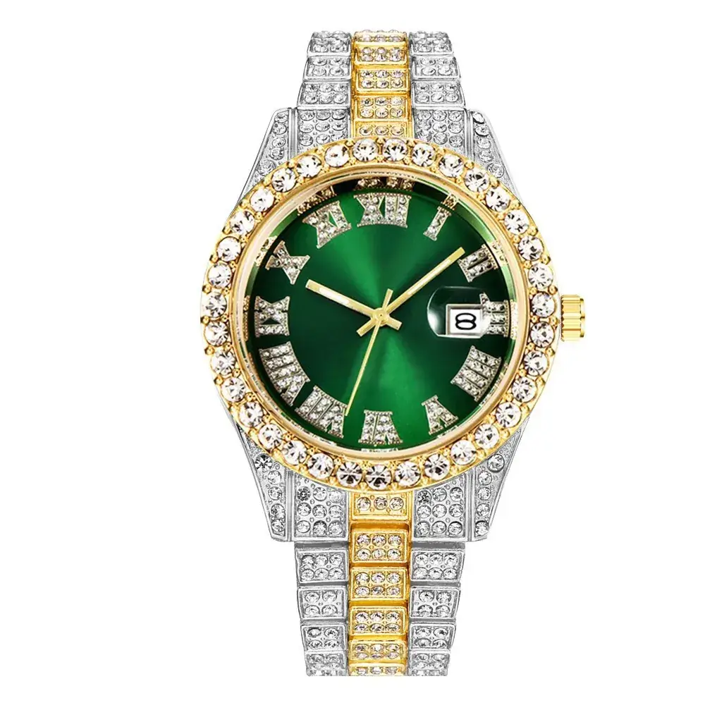 Men's Green Diamond Watch with Roman Strap & Calendar - Image 2