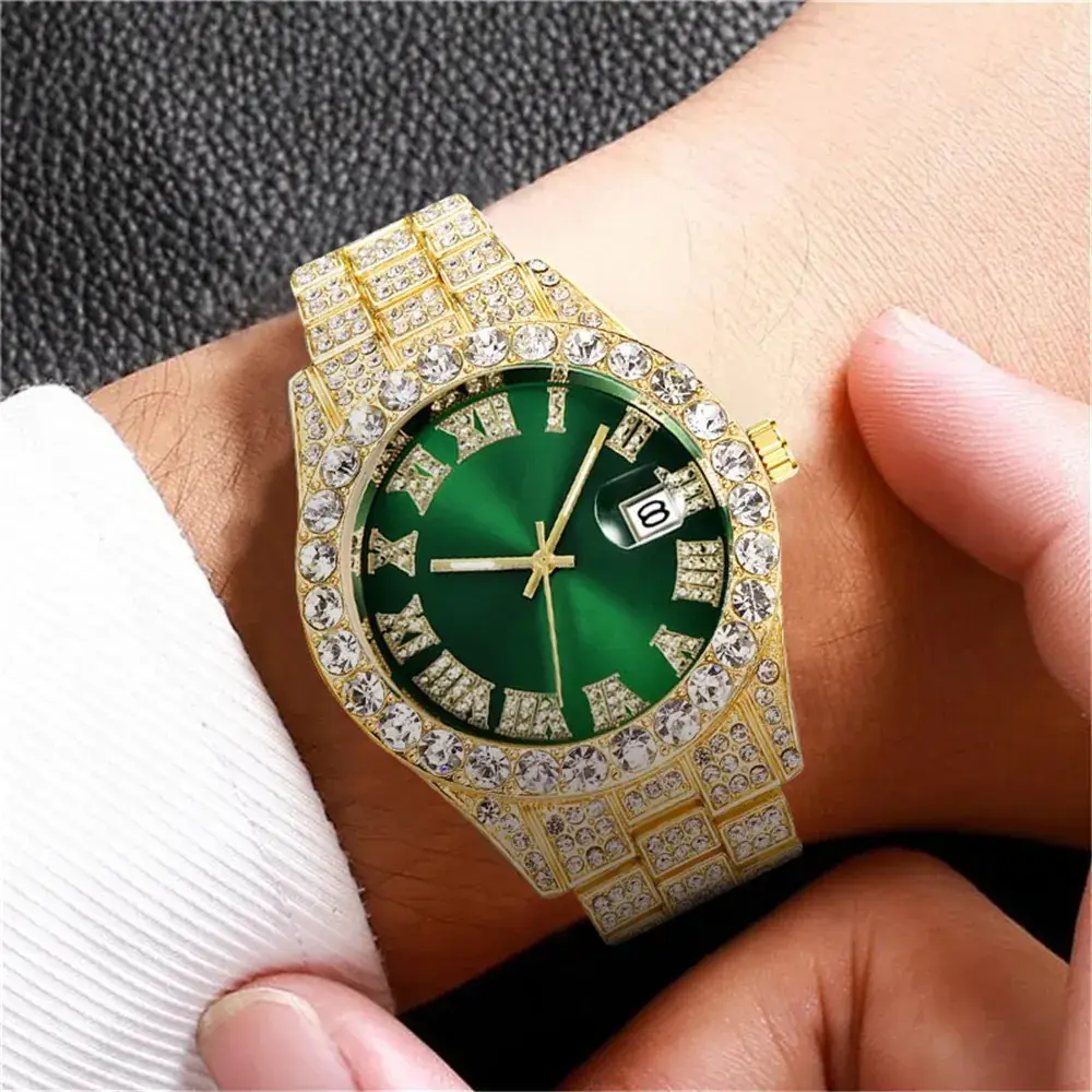 Men's Green Diamond Watch with Roman Strap & Calendar - Image 5