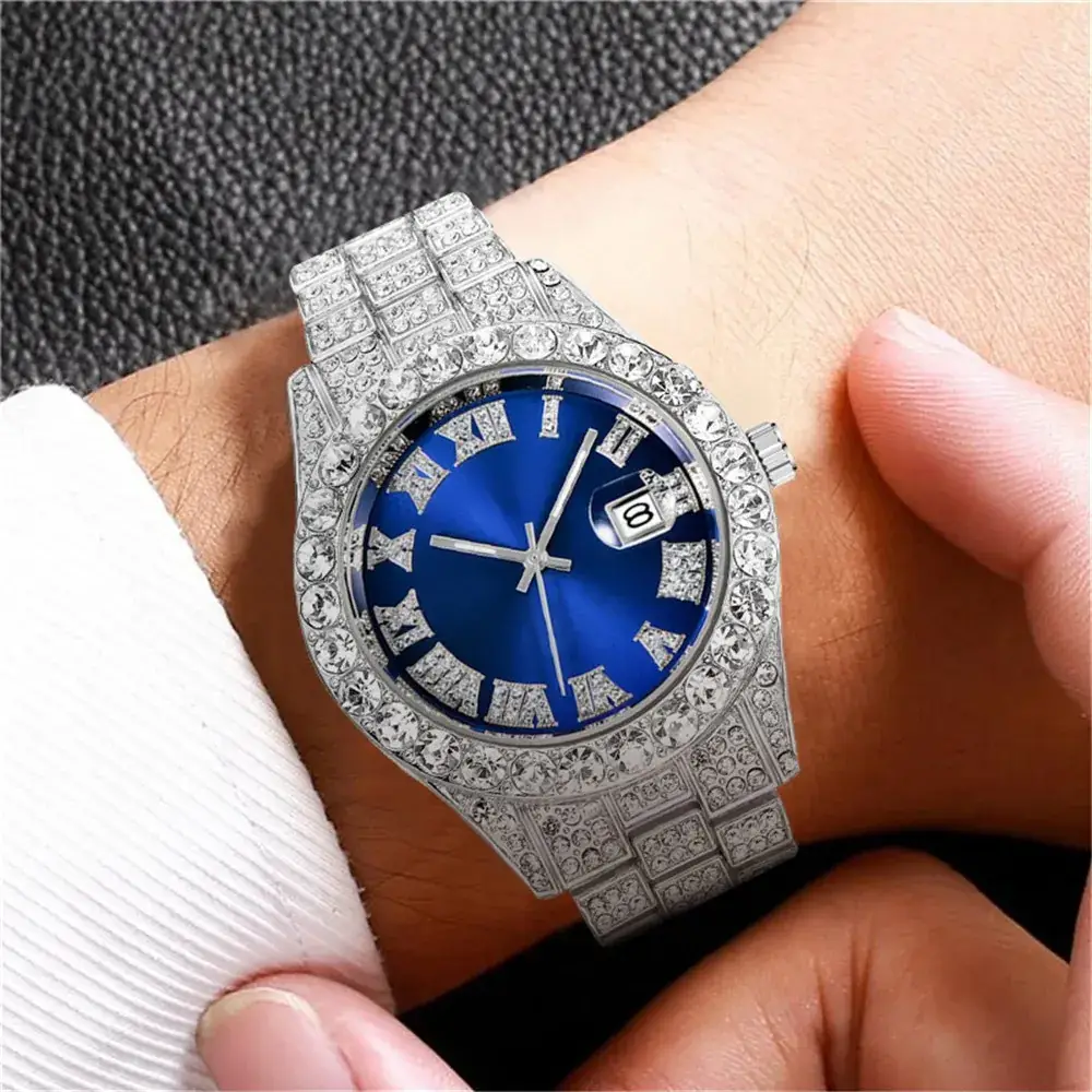 Men's Green Diamond Watch with Roman Strap & Calendar - Image 7