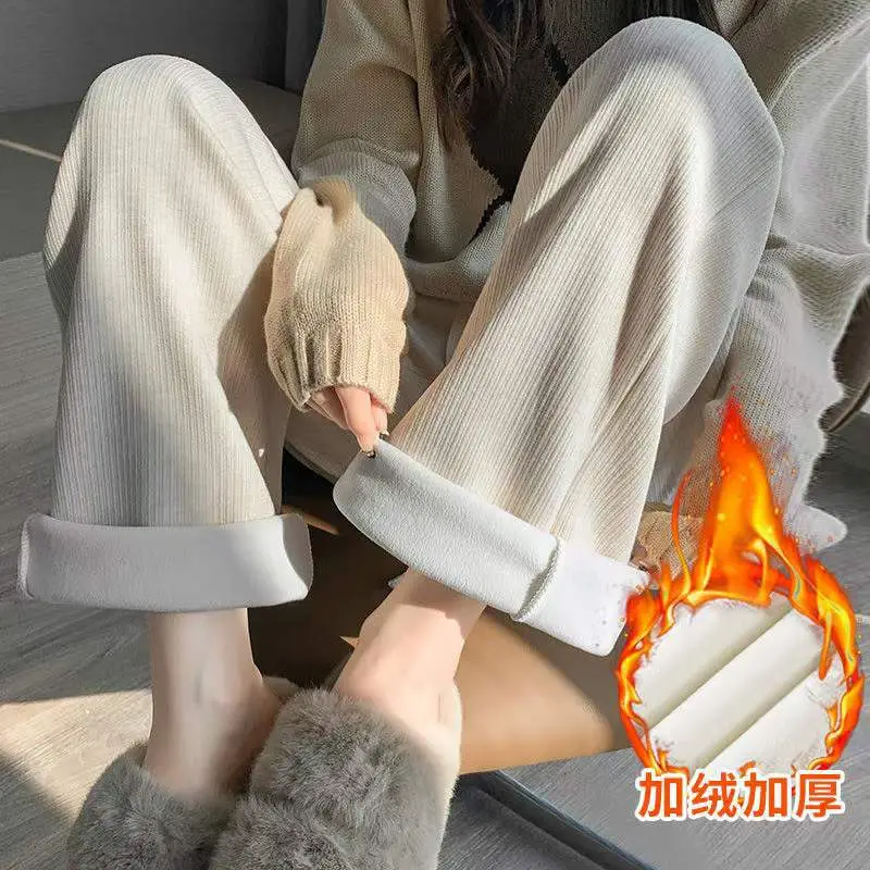 Women's Thickened Fleece Wide Leg Pants Cream Winter - Image 11