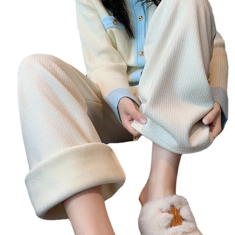 Women's Thickened Fleece Wide Leg Pants Cream Winter - Image 15