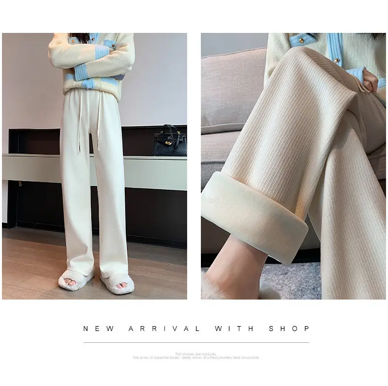 Women's Thickened Fleece Wide Leg Pants Cream Winter — feature 12