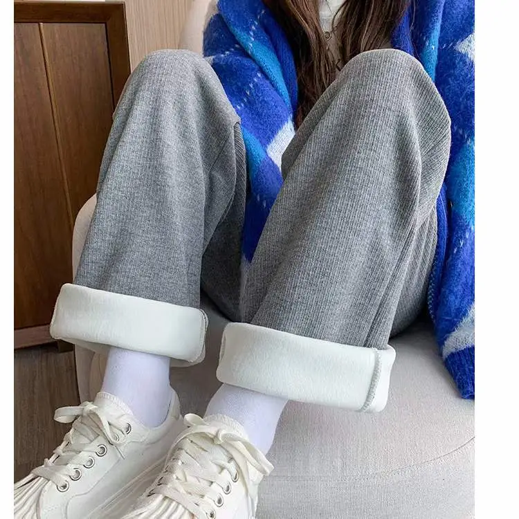 Women's Thickened Fleece Wide Leg Pants Cream Winter — feature 27