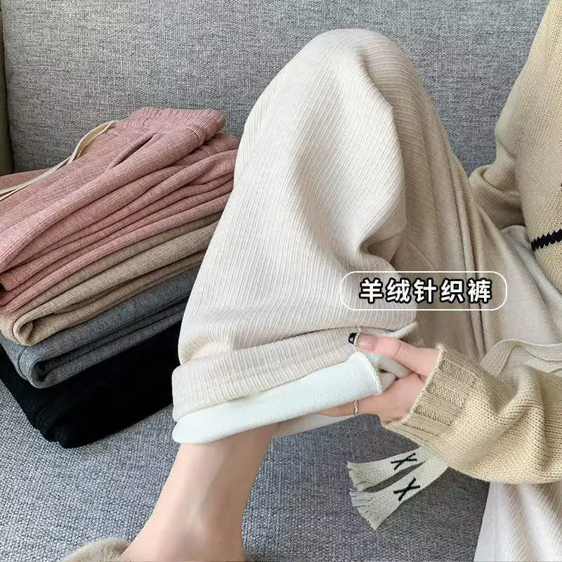 Women's Thickened Fleece Wide Leg Pants Cream Winter — feature 28