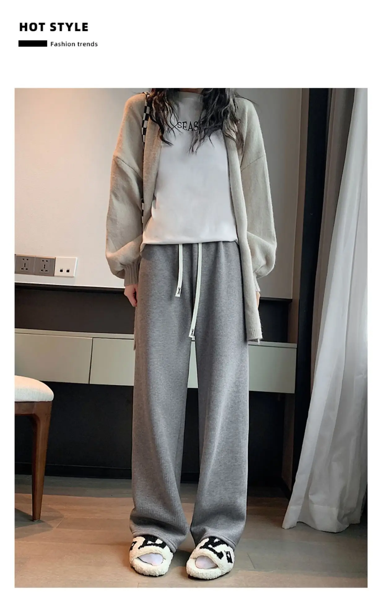 Women's Thickened Fleece Wide Leg Pants Cream Winter - Image 10