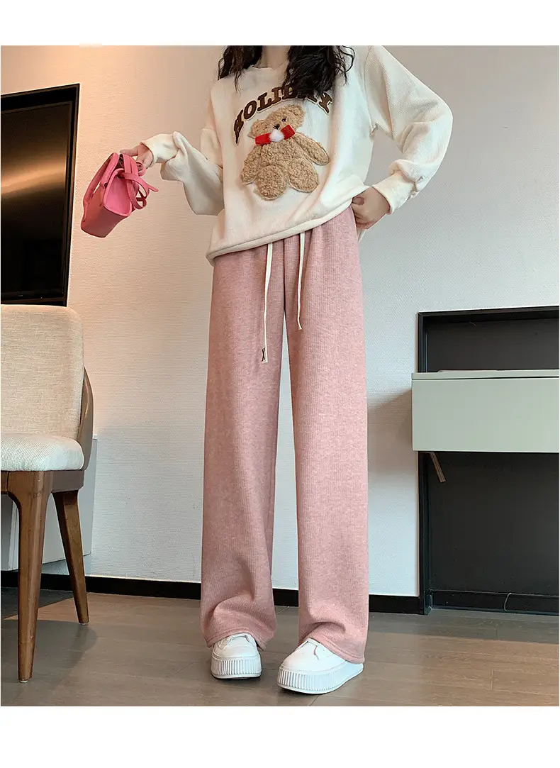 Women's Thickened Fleece Wide Leg Pants Cream Winter — feature 18