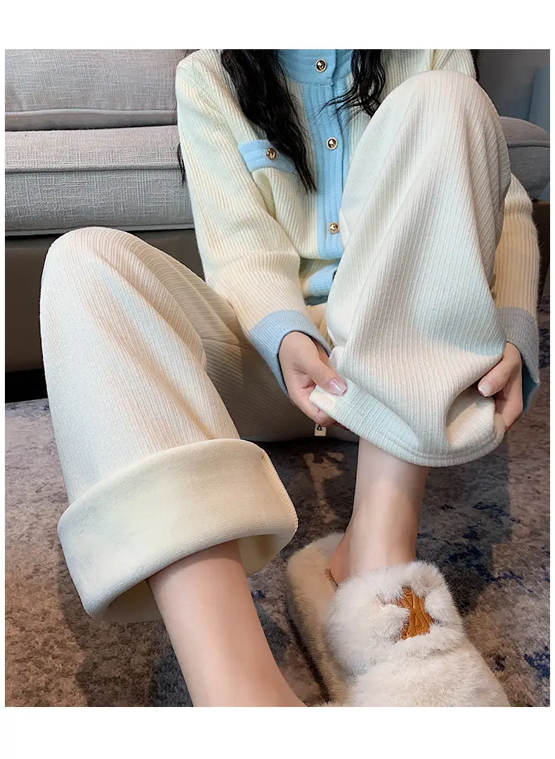Women's Thickened Fleece Wide Leg Pants Cream Winter - Image 2