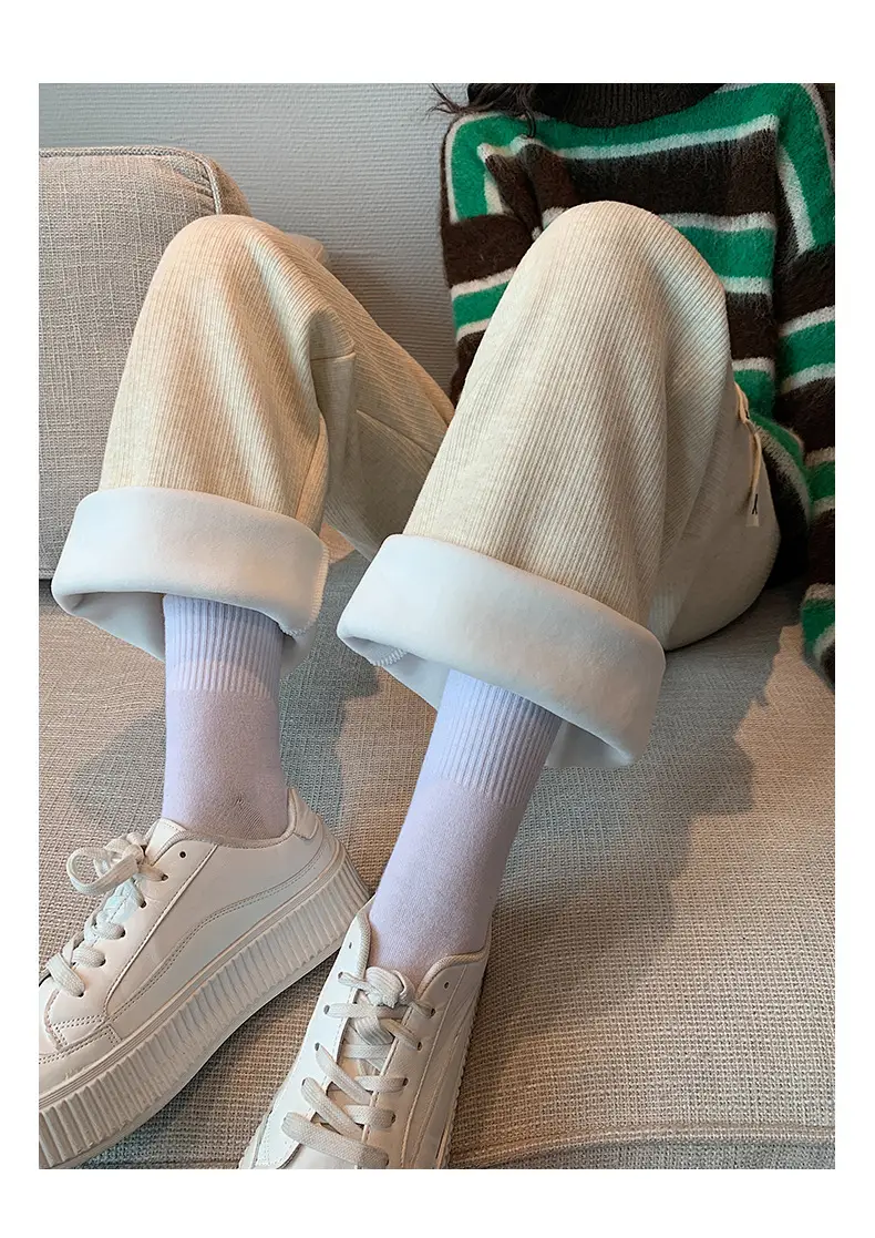 Women's Thickened Fleece Wide Leg Pants Cream Winter - Image 3
